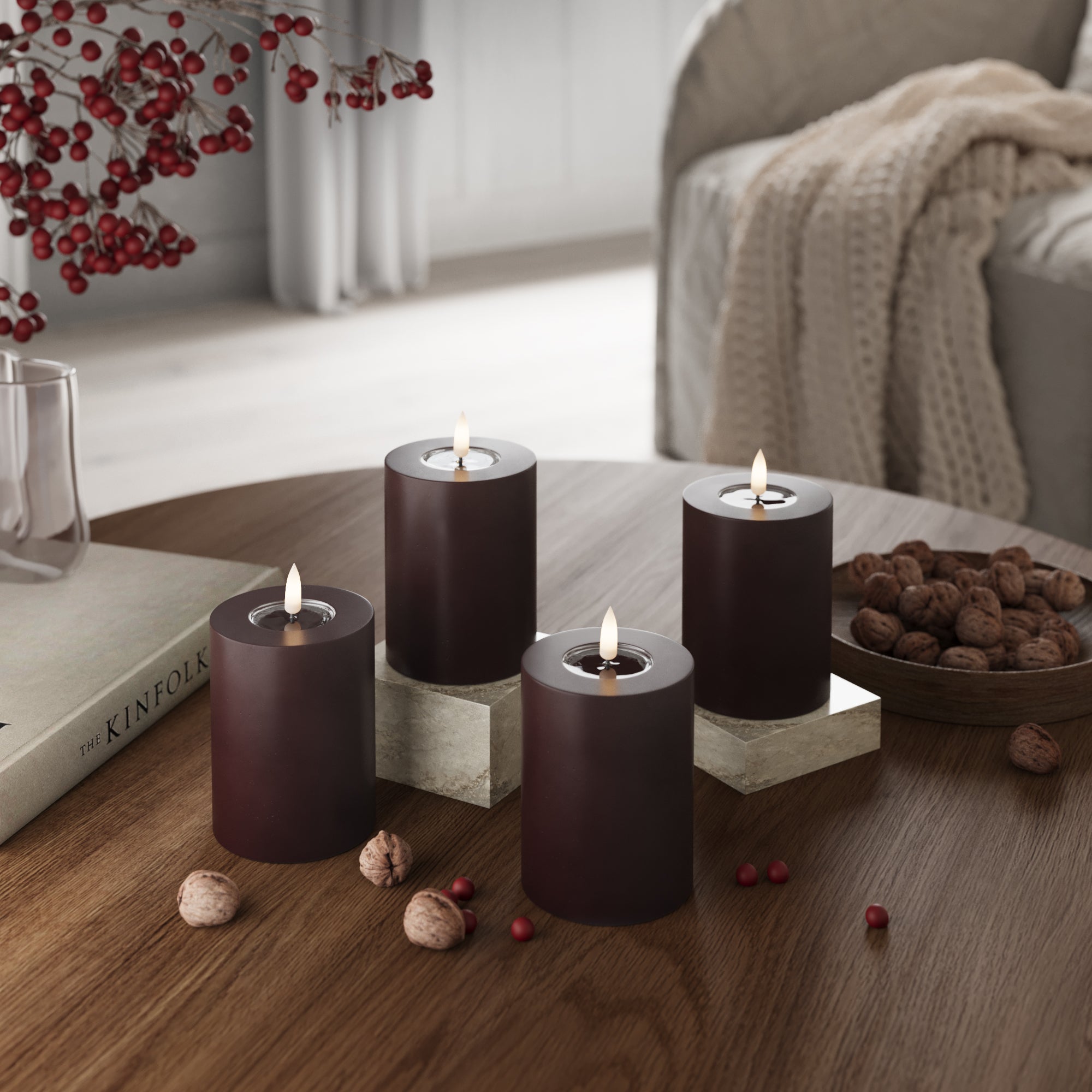 LED blokk lámpák Ø 7,5 x 10 cm Burgundia - 4 db