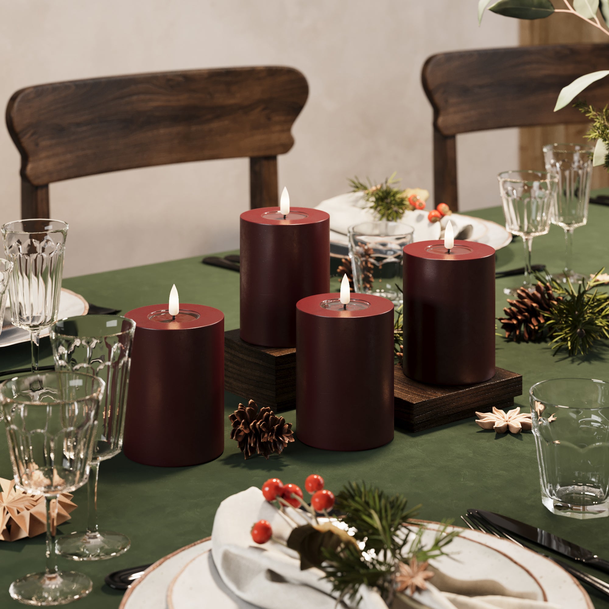 LED blokk lámpák Ø 7,5 x 10 cm Burgundia - 4 db