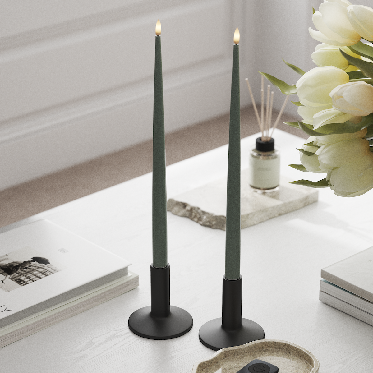 Deluxe Homeart LED Lys med lakk, 2 stk 38 cm Salviegrønn LED stearinlys 1