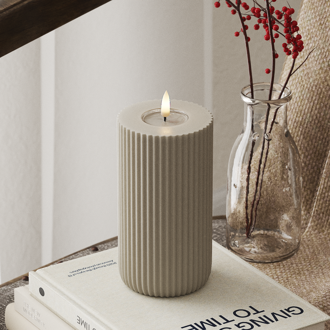 Deluxe Homeart Solid Stripe LED Bloklys Ø 8 X 15 Cm Sand LED Shape 4