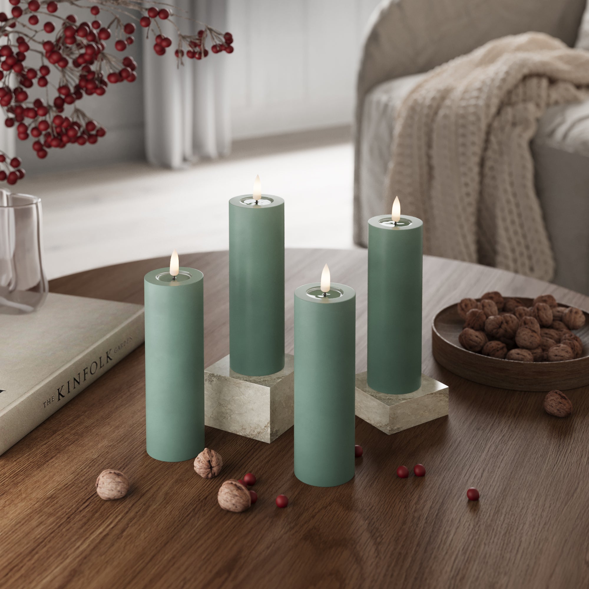 LED Blockljus Ø 5 x 15 cm Jadegrön + 4 st