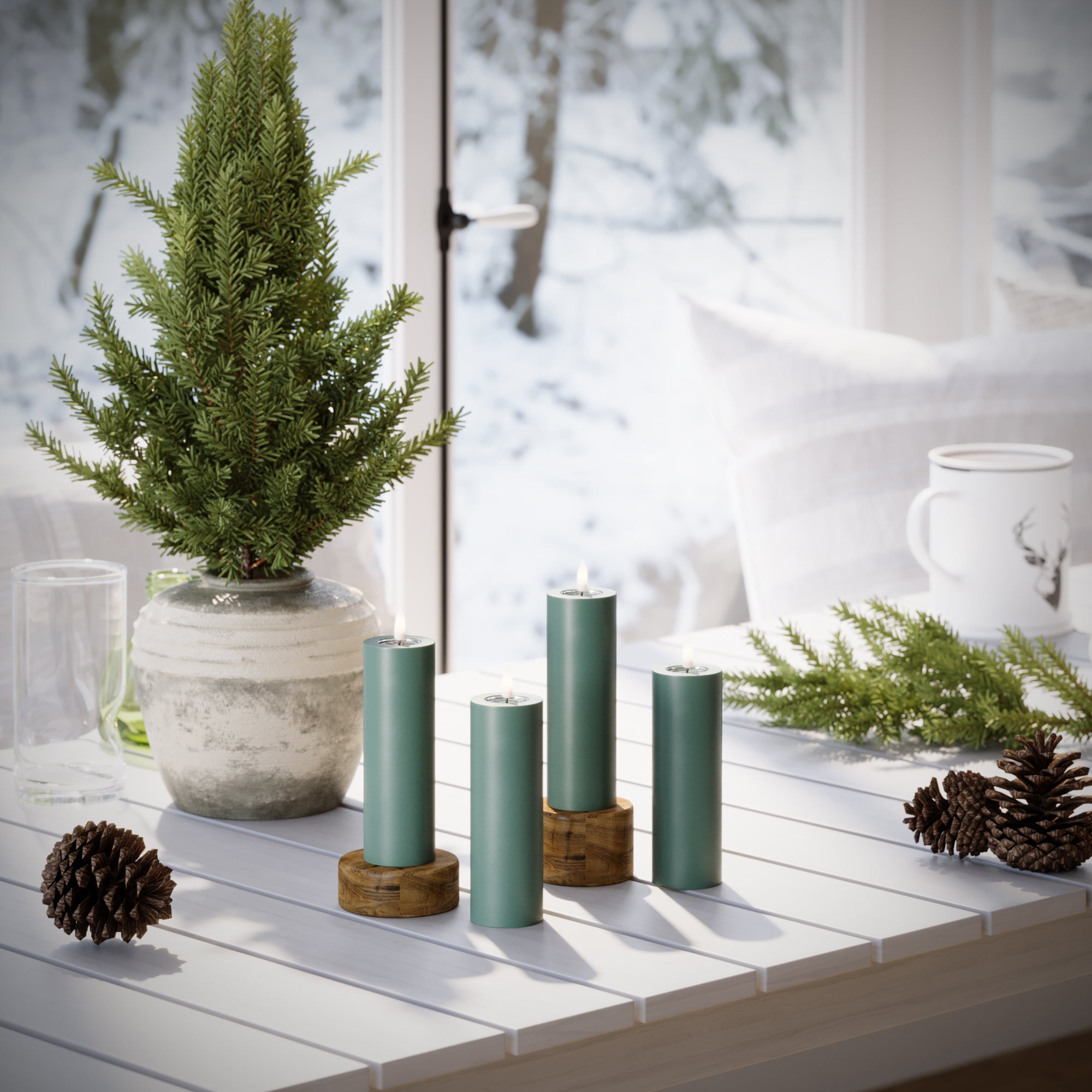 LED Blockljus Ø 5 x 15 cm Jadegrön + 4 st