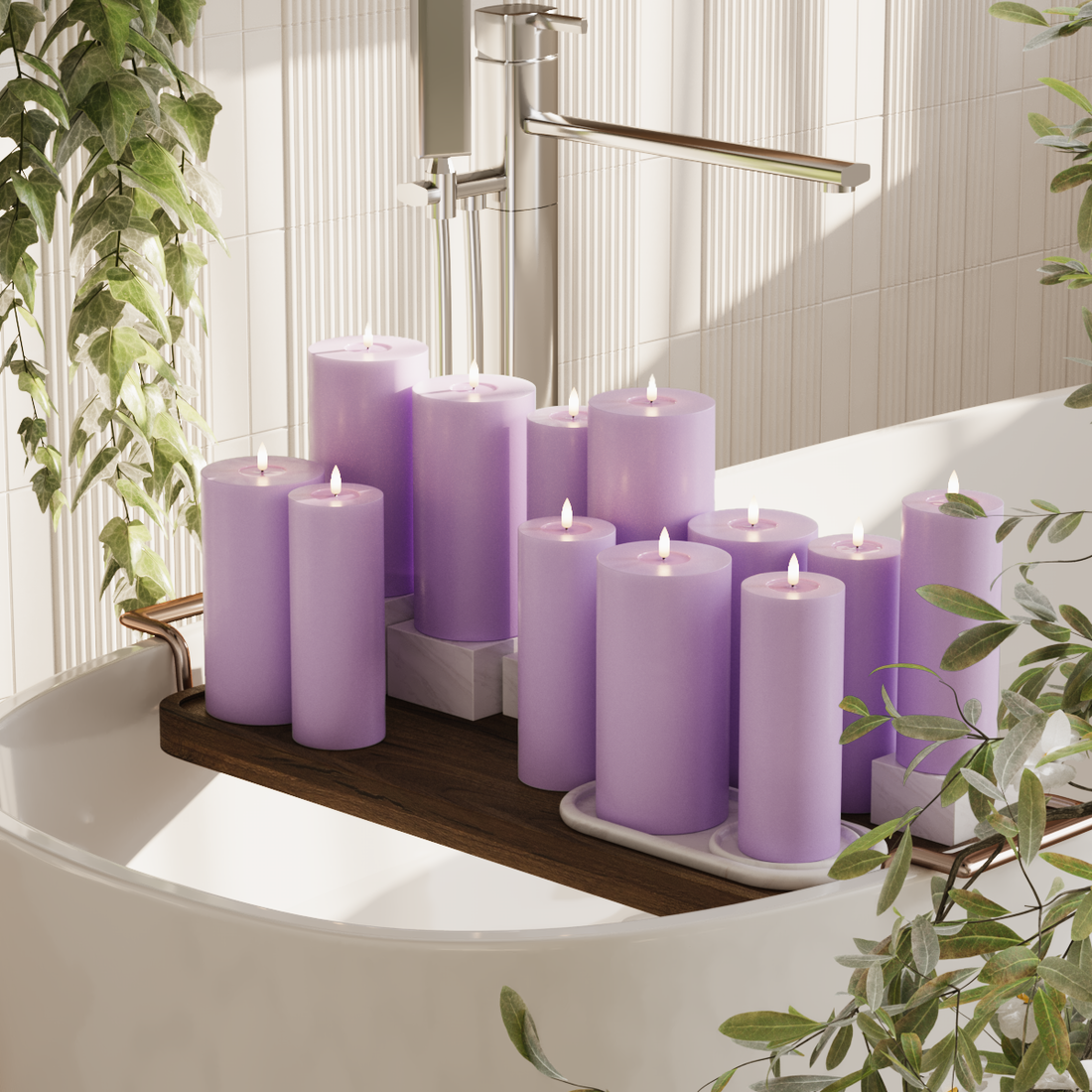 Deluxe Homeart LED bloklys pakke - Lavendel - 6x 7,5 x 20 | 6x 10 x 20 cm pakke 1